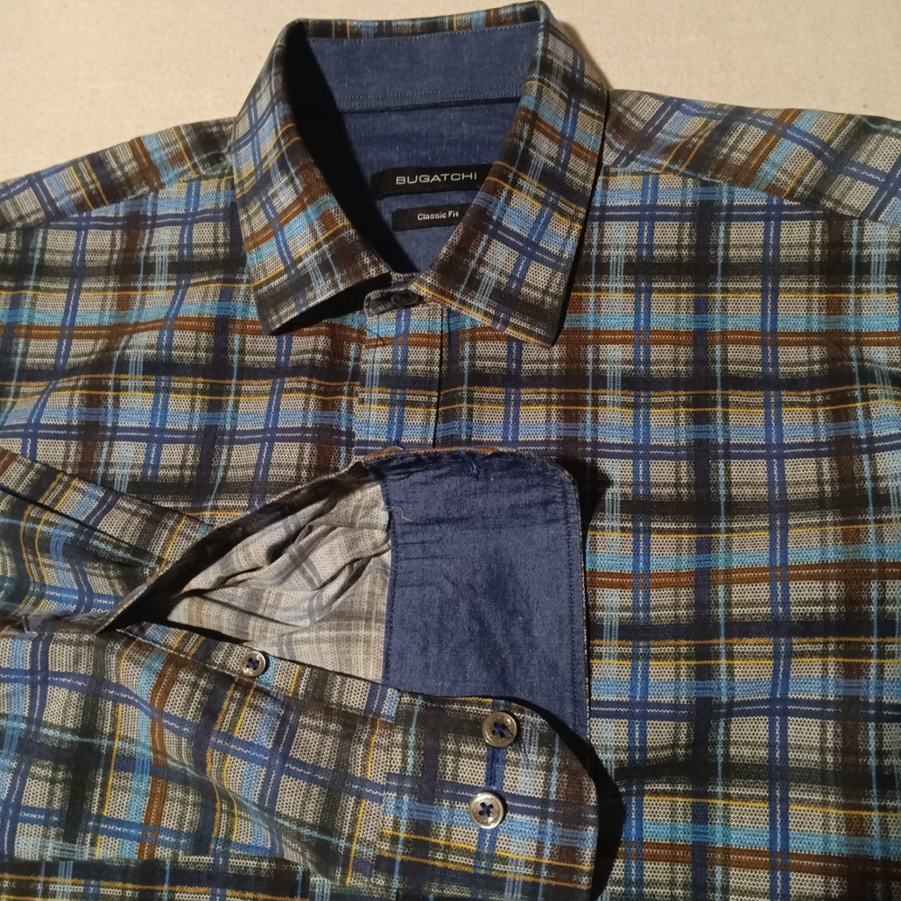 Bugatchi Mens Plaid Long Sleeve Flip Cuff Classic Fit Dress Shirt – L (16 34/35)